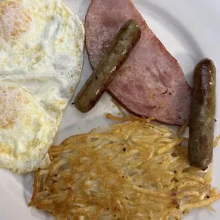 Eggs, hash brown, sausage &amp; ham
