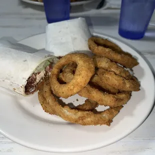 Chicken bacon wrap with onion rings