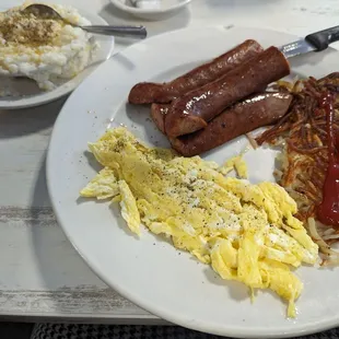 Country Sausage, Eggs, Hash browns and Grits