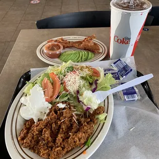 Taco salad with a side of bacon and avocado
