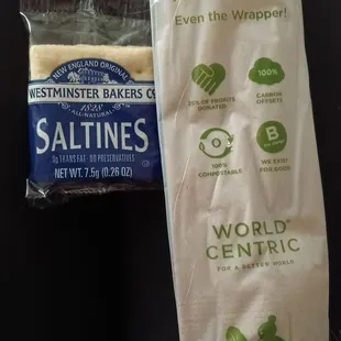 Saltine crackers included with every order. Compostable cutlery started being included.