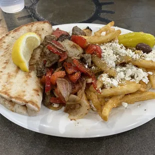 Beef Souvlki Sandwich with Greek fries