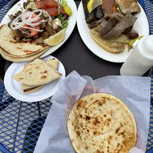 Combo plate and chicken souvlaki with side salad and extra Pita