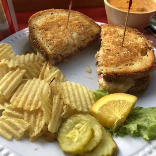 Ruben with Seafood Bisque and chips