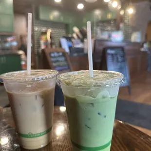 Lavender iced latte + coconut and oat milk, matcha lavender iced tea with oat milk