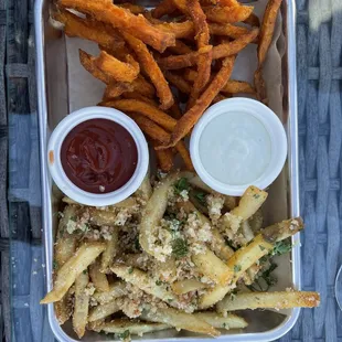 Fries Duo was  the bomb!  The russets were loaded with garlic bits and the sweets had just the right amount of spice. $8