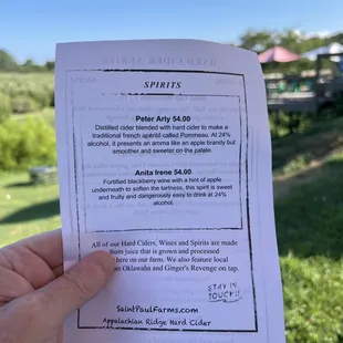 Back of the menu