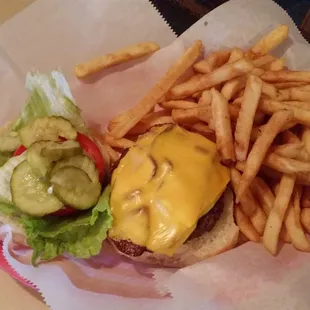 Bacon cheeseburger with an order of fries