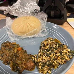 Fufu, Spinach Stew (Efo Riro), and Egusi