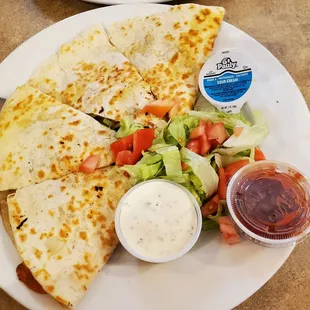 My lunch choice:  Hawaiian Chicken Quesadilla with Ranch, Sour cream, Salsa and mini salad = $10.99.  6/29/2022