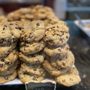 a pile of chocolate chip cookies