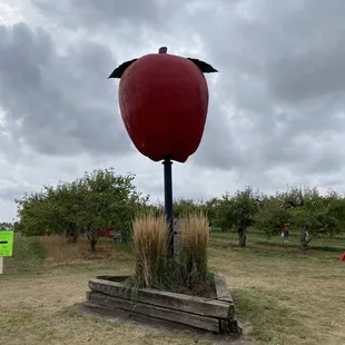 a large apple on a pole
