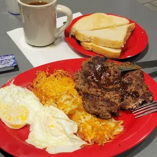 12 oz hamburger steak splash A1 breakfast super yummers! Eggs over medium hash brown sourdough toast and cawfee