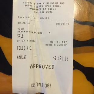 Our $2,131.20 VISA receipt. Candy REFUSED to provide any itemized breakdown of the total bill. She REFUSED to provide any other receipt.