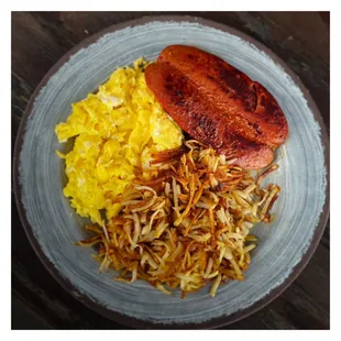 Breakfast plate with hot link sausage