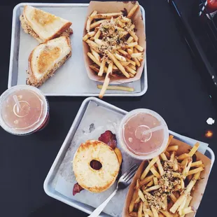Tuna melt and donut burger both with garlic fries!
