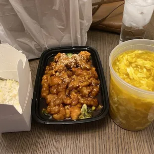 Egg drop soup, sesame chicken &amp; rice