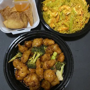 Crab Rangoons, Singapore rice noodles with shrimp, general tao's chicken