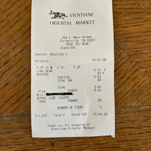 the receipt for the restaurant