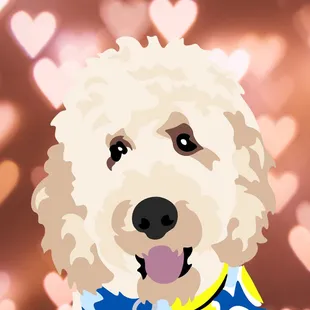 Custom hand-drawn pet portraits. Canvas print with hearts background.