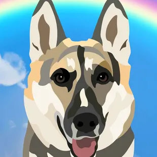 Custom hand-drawn pet portraits. Canvas print with rainbow bridge background.