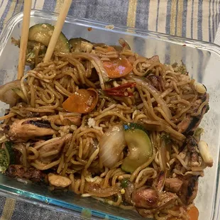 Spicy chicken yakisoba. Noodles a little over cooked but I like they use actual chiles to spice it instead of the sauce