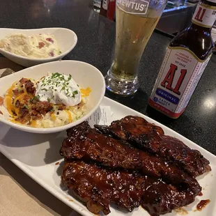 Riblet platter double mash fully loaded  riblets extra well done much better when they are extra cooked softer and a tall ultra on draft