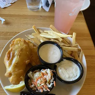This is the fish and chips with strawberry lemonade