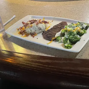 Mashed potatoes, steak  and broccoli...