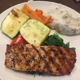 Cedar salmon with grilled veggies and mashed potatoes