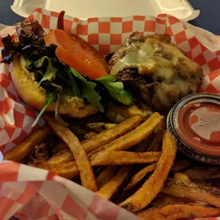 Bison Burger with side of fries