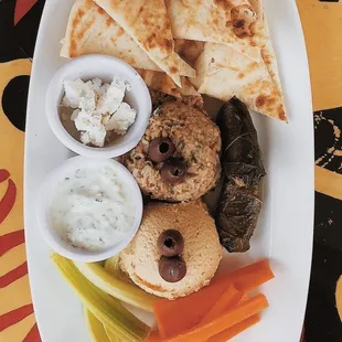 Mediterranean Platter! New menu item with stuffed grape leaves, hummus, baba ganouj, Feta &amp; tzatziki