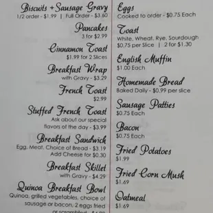 Breakfast menu