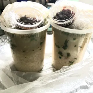 Take out containers with Fish and Chicken Porridge.