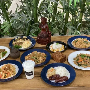 a variety of asian food on a table
