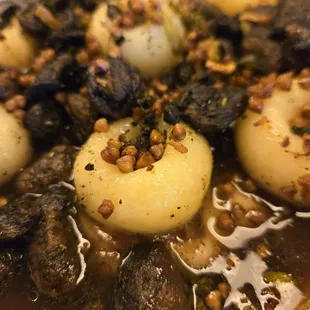 kluski Slaski: Silezian potato dumplings with celeriac, onion, white wine, roast mushroom, mushroom jus, herb de pittsburgh, spring onion