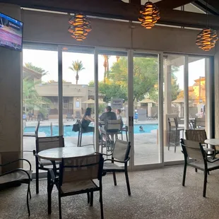 a view of the pool from the dining area