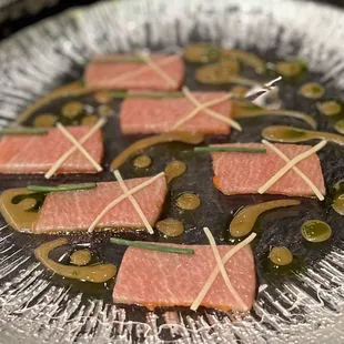 BLUEFIN TORO  Ginger Dressing, Wasabi, Chive Oil, Chived Bacon