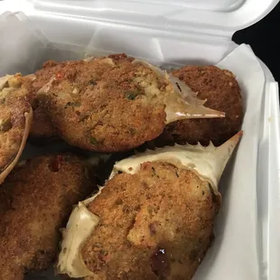 a container of crab cakes