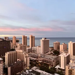 View of Waikiki Beach from our Lanai.  Center of photo is International Marketplace (roof top garage) only a block away...