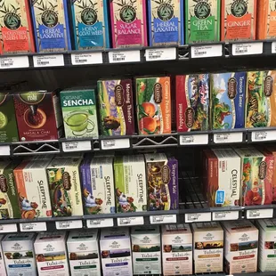 a variety of teas on display in a store