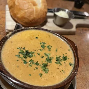 Roasted red pepper soup and bread