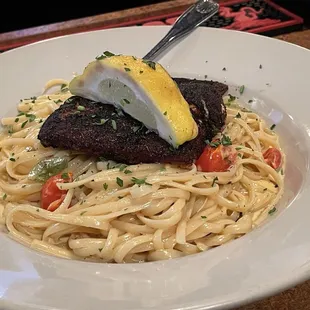 Blackened salmon linguini