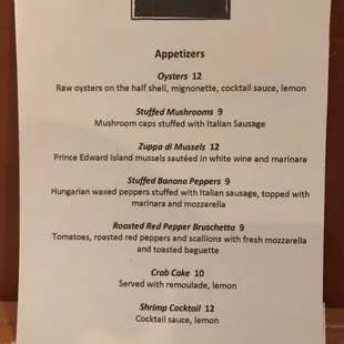 Appetizers menu