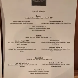 the menu for lunch