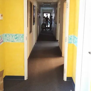 The long narrow hallway where all the parents smoosh together so they can look through the glass door and watch their kids swim.