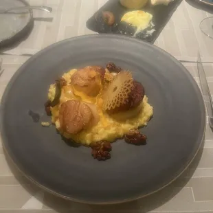 Seared scallops with squash risotto and walnuts