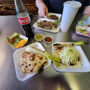 Caramels, taco, stuffed poblano taco, and beef cheek taco