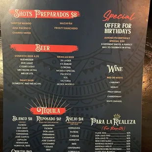 Alcohol menu