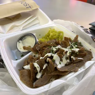 Gyro Plate with Rice and Garlic Sauce